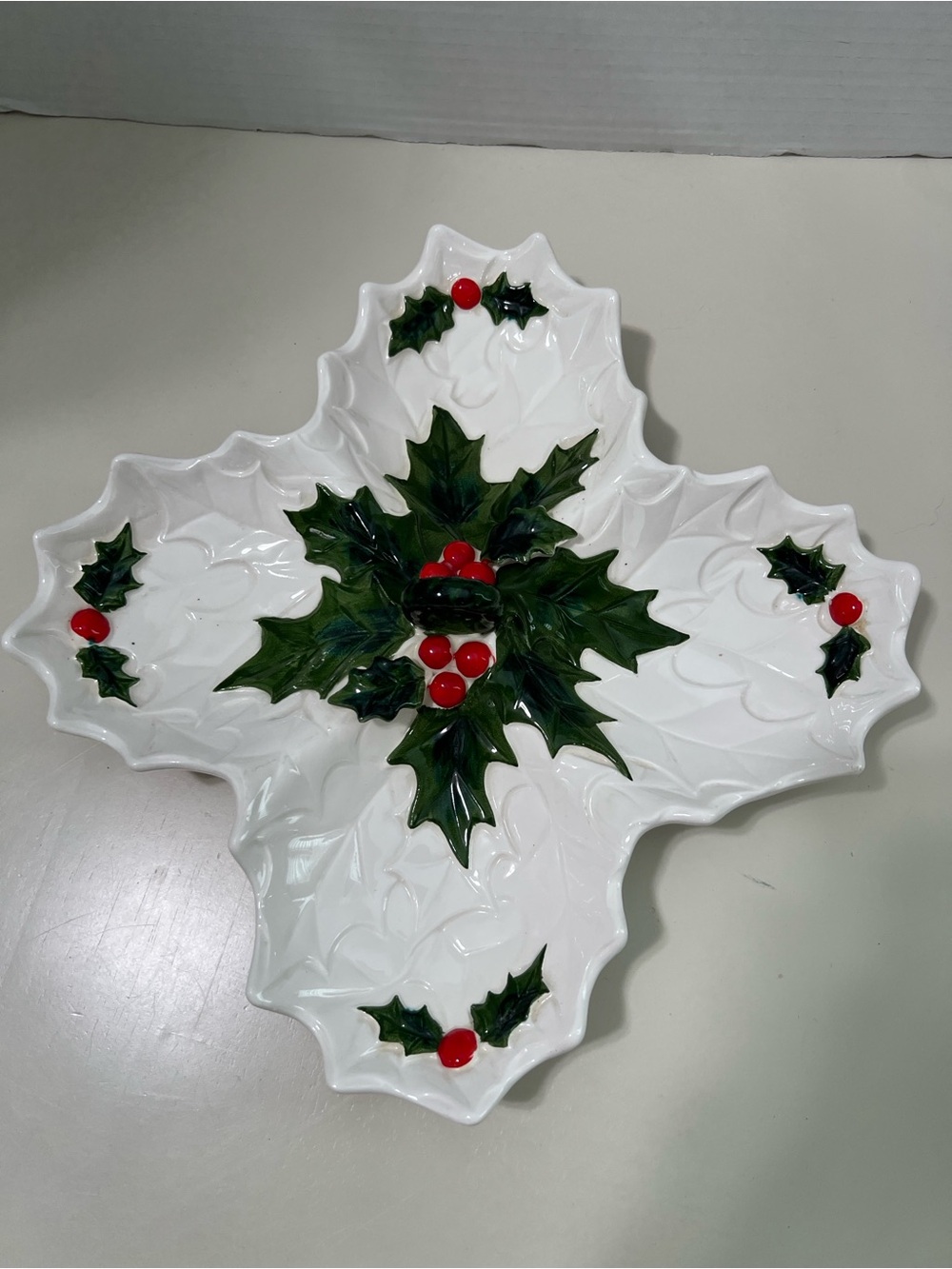Vintage Lefton Holiday Holly Ceramic Serving Dish - White, Red & Green